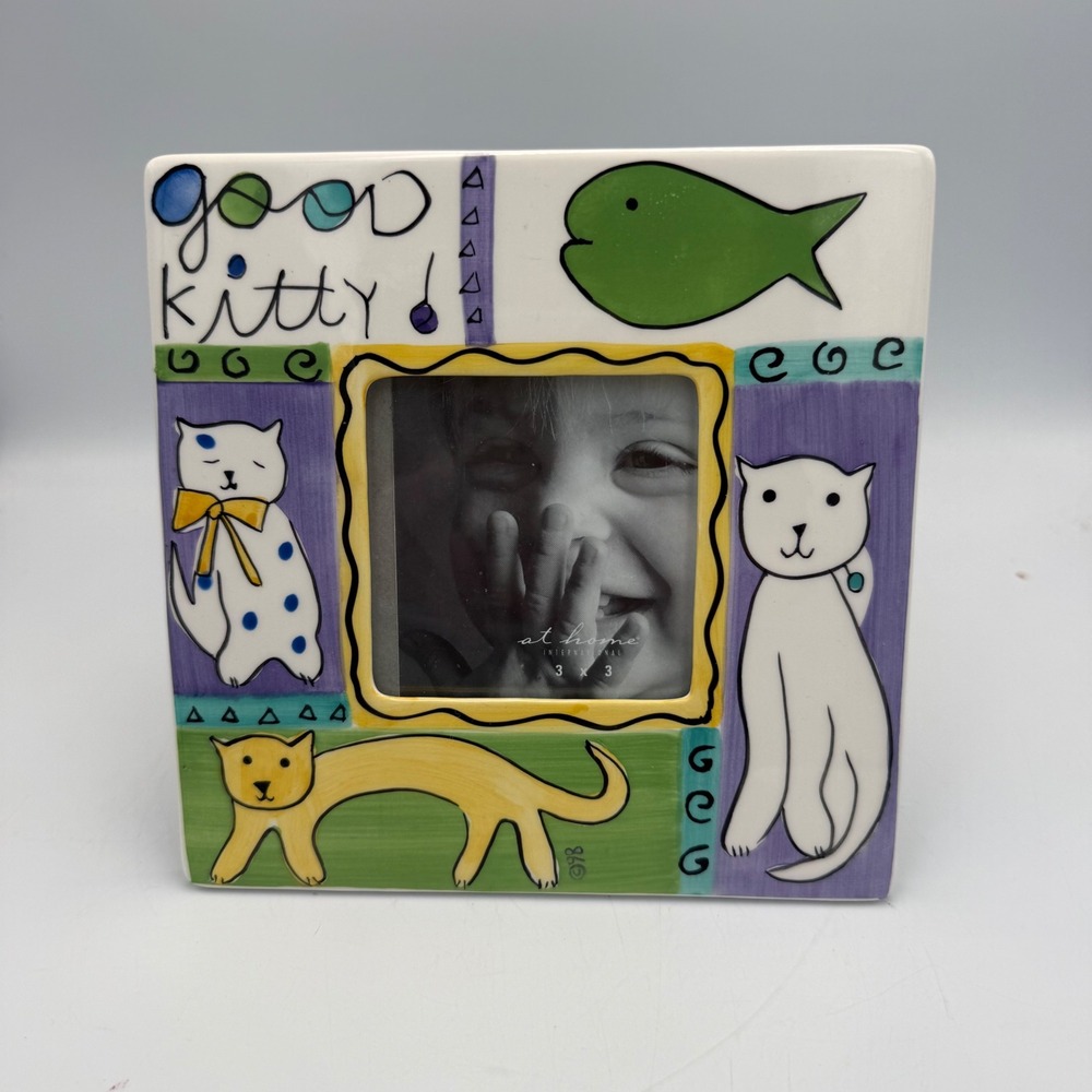 At Home International Good Kitty Ceramic Photo Frame 3x3 Cats Whimsical 1998
